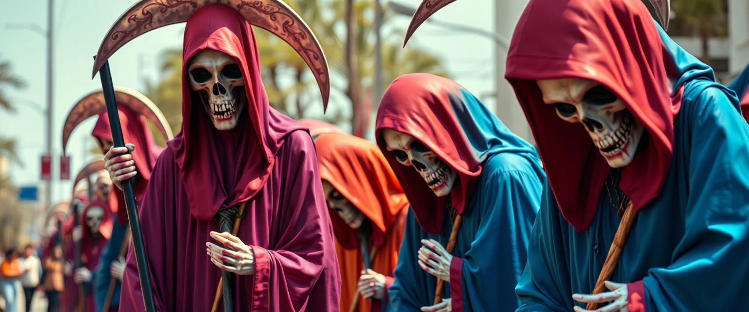 multi colored, bright, vivid, psychedelic, high detailed, high gloss, insanely detailed, matte, horrorcore, lining the street, unsettling contrast, monument to death, live action shot grim reaper parade