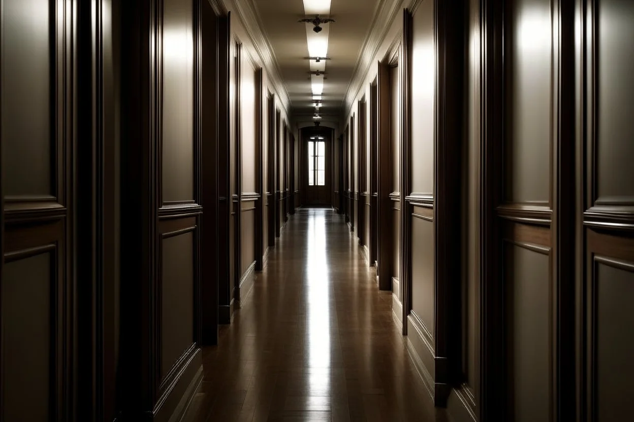 short, wide corridor full of closed doors with a single open doorway