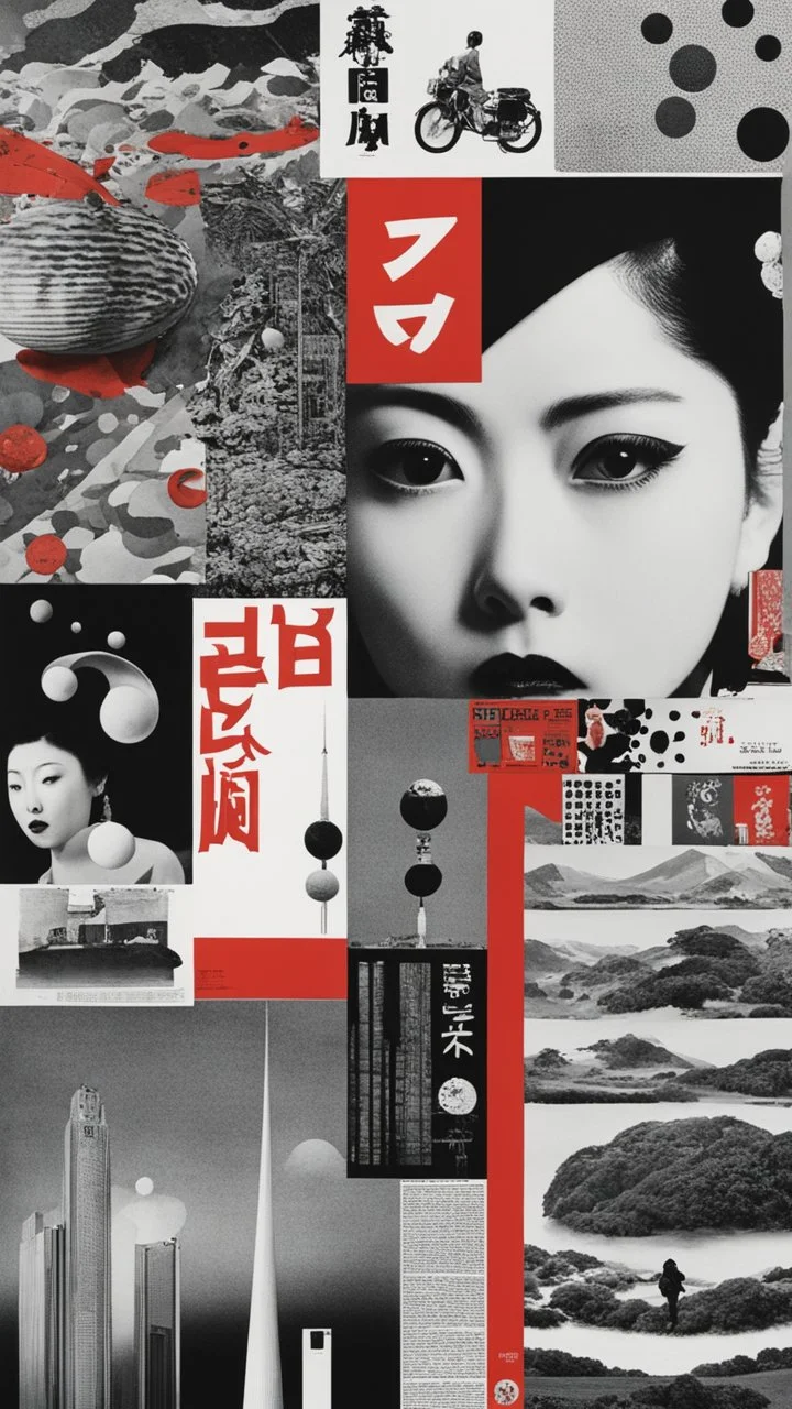 surreal collage art crafted from vintage Japanese magazines poster Novell , art composition by kusama, sci-fi elements , Alice's Wonderland, black and white and deep red