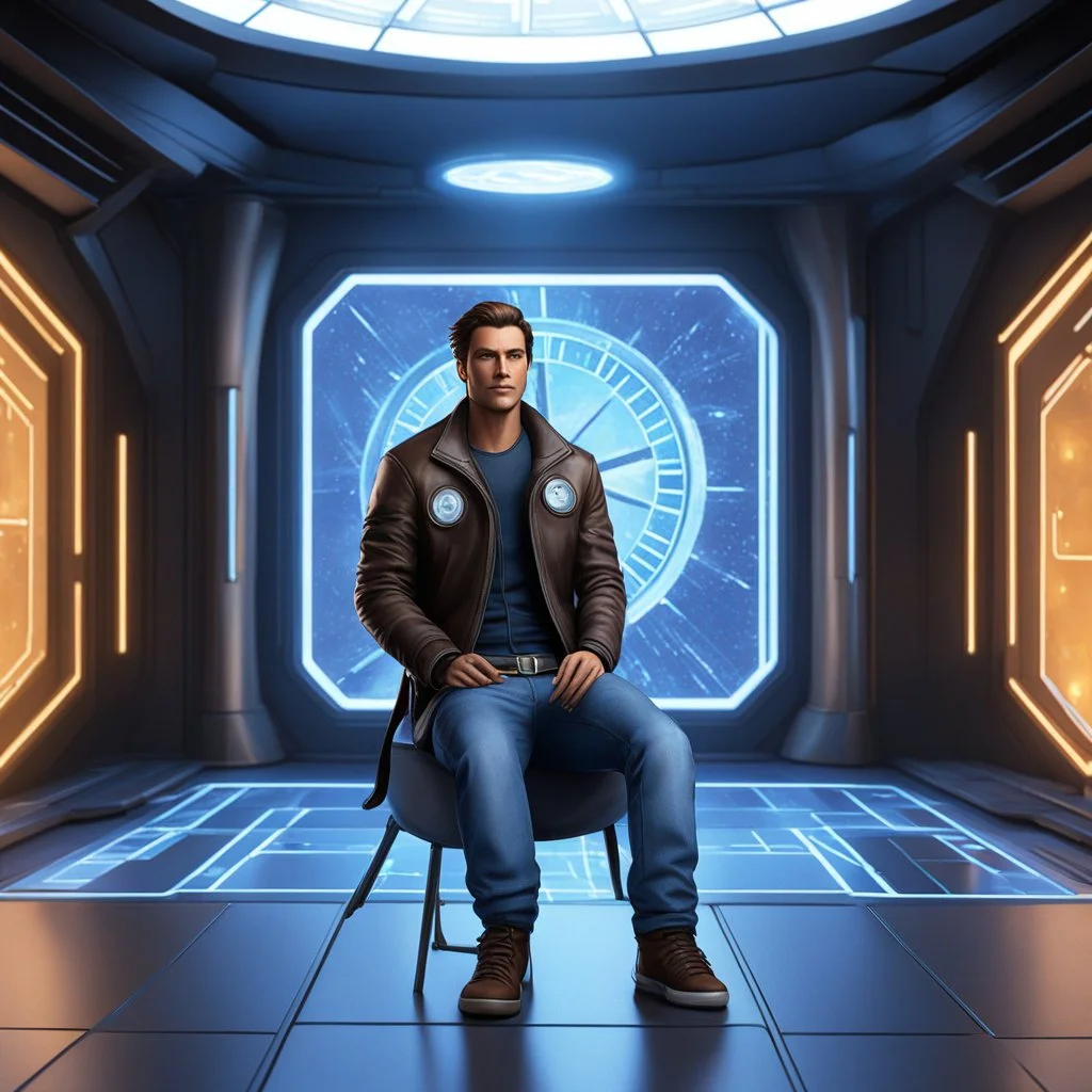an agent of an intertemporal organization sits in the teleport beaming room, journeys through the past and future to mend the fabric of time. Clad in a casual yet functional outfit, resembling loose jeans paired with a leather jacket or comfortable jogging attire. Despite the laid-back appearance, the character conceals cutting-edge high-tech equipment cleverly disguised within a few medieval tools. A musket transformed into a futuristic weapon, a rugged backpack housing advanced gadgets, a flas
