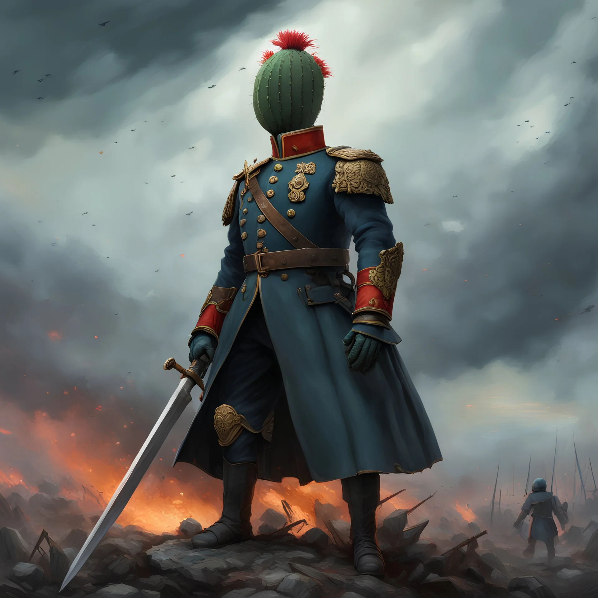 a heroic humanoid cactus wearing a blue prussian uniform, standing on a chaotic medieval battlefield, officer sabre, storm, dark sky, tattered banners, siege engines, musketeers