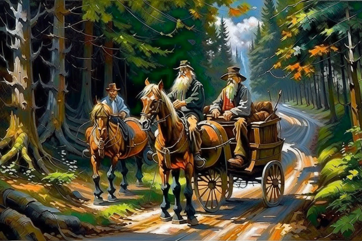 old man driving 2 wheel cart stopped by highwaymen on horseback on the forest road