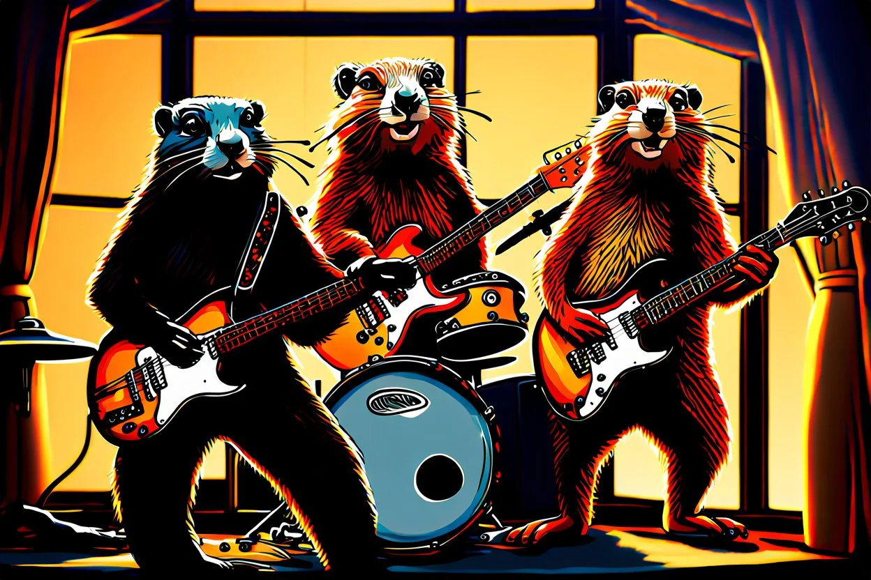 punk Groundhog rock band, playing the guitar, the drums and a saxophone. Window background, Orion Nebula. fun, artistic, hdr, crisp quality, award winning, 4k, warm colors, photo-realistic, digital painting