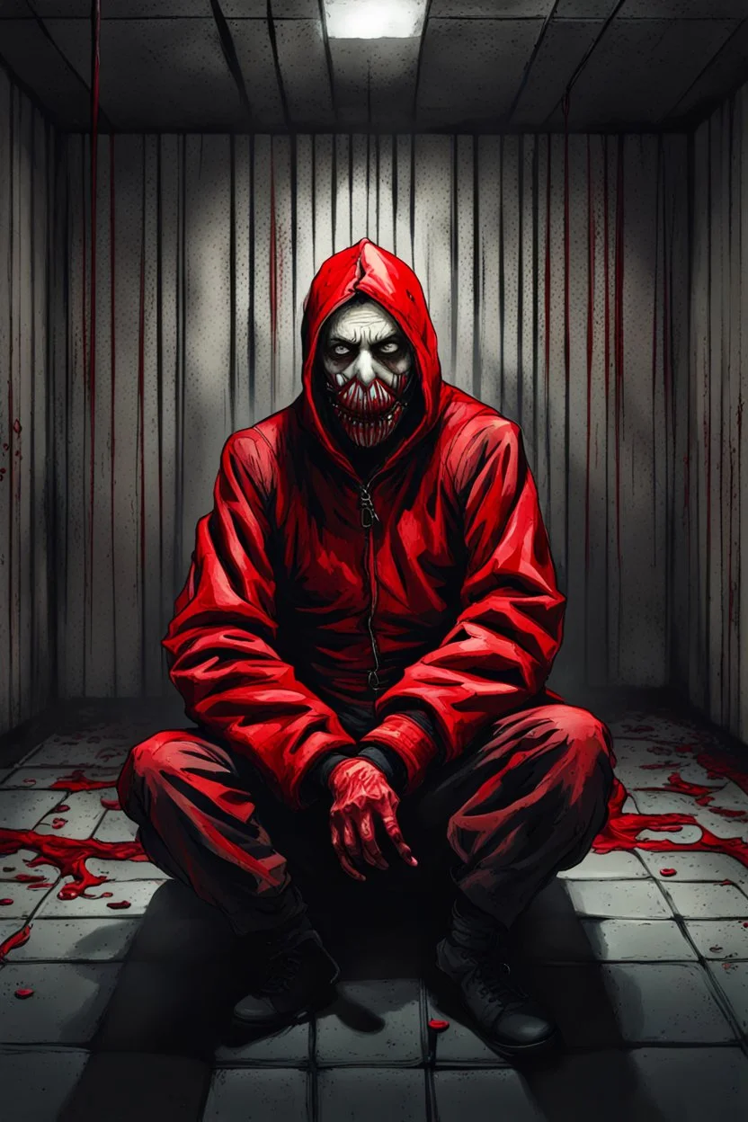 A scary gothic person sits quietly in the middle of a soundproof, padded room conveying intense dramatic emotions in a muted environment, wearing a bright red straitjacket , a mask to cover the mouth area of cannibal evil scary, dark and gothic look, cold eyes, eary ultra detailed,.32k, digital art style with messy paint, hardened sealer appearance, impasto, dramatic Arial view with explosive chaotic background