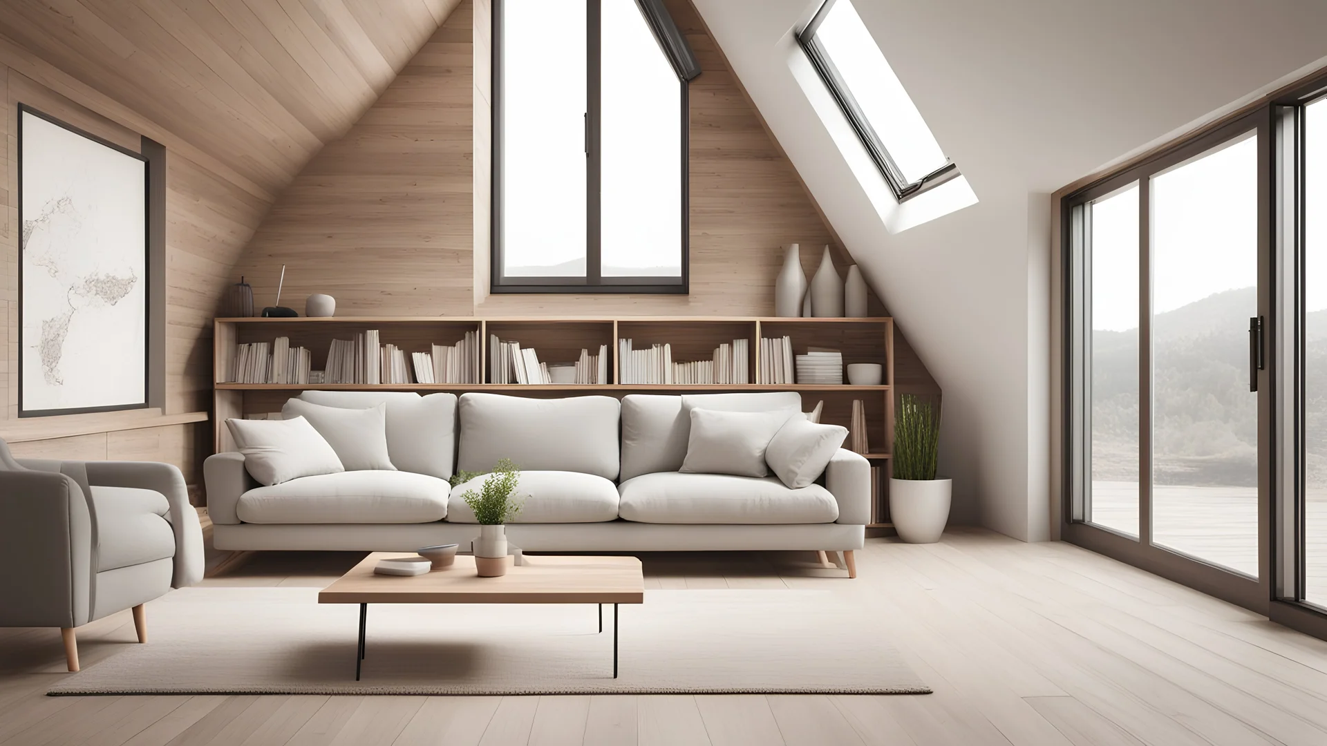 Corner sofa and rustic coffee table against wood lining wall with book shelves, scandinavian home interior design of modern living room in attic.