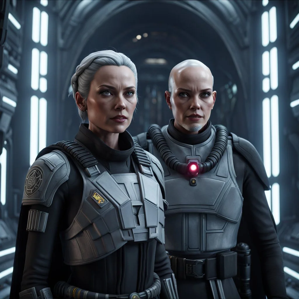 a bold and heroic bald male Corellian pilot in black and grey First Order special forces gear meets a female Jedi Master in ancient, mystical temple, hyperdetailed, dynamic lighting, hyperdetailed background, 8k resolution, volumetric lighting, light skin, fully symmetric details