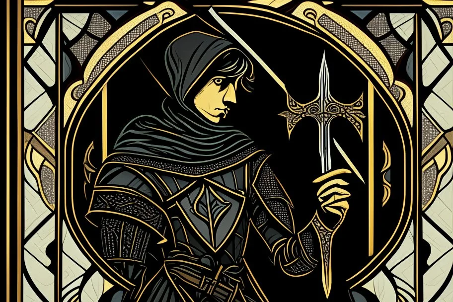 Stylized Medieval European knave, In the style of Tarot and Art Deco, black colours