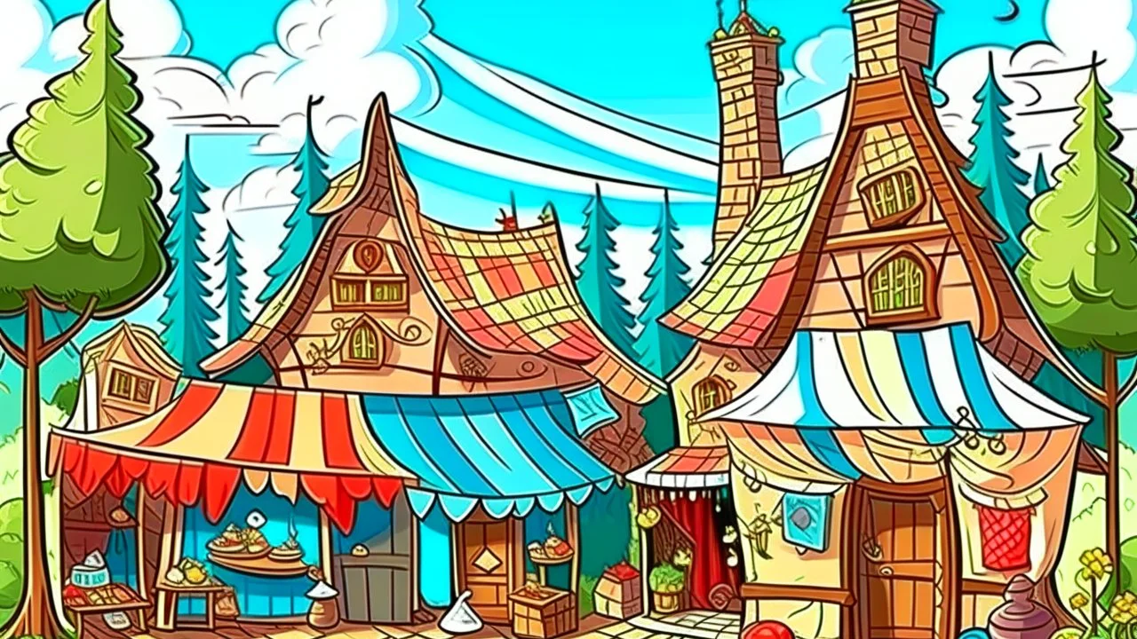 fantasy cartoon illustration: the most beautiful handkerchief store in the village