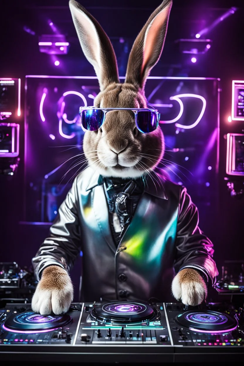 Photography Humanoid Rabbit as dj player smusical self expression play dj in disco club