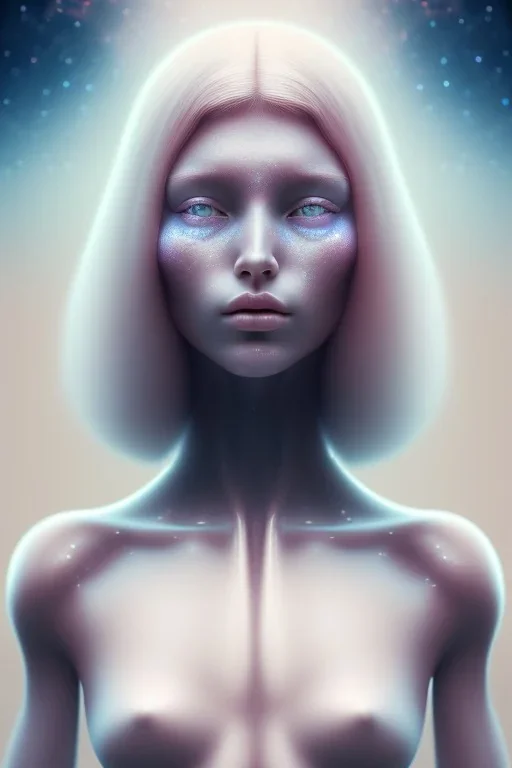 portrait full female human body, meditation, beautiful eye, universe, fractal, realistic, 8k, high quality, extreme detail, symmetrical nose, white natural long hair.