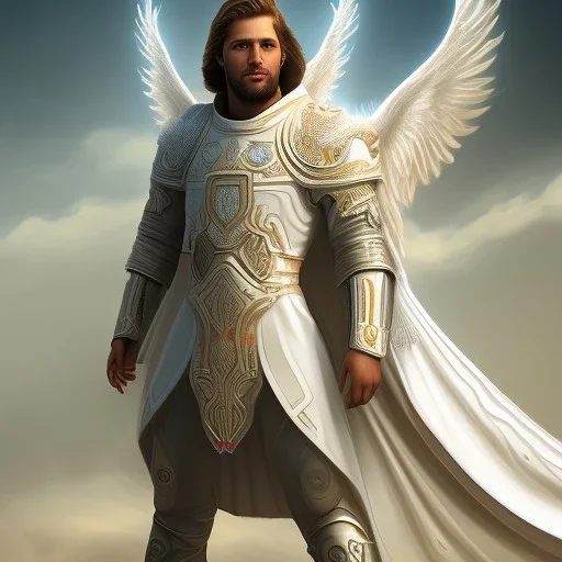 the main character. He’s to look like a powerful angel with white robe, symbols on hands glowing, His background should be that of space above with stars and standing on a paradise of a planet. His belt can transform into a white dragon.