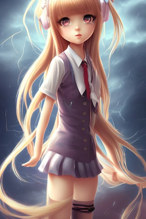 Stunning anime schoolgirl with striking looks in a stormy background