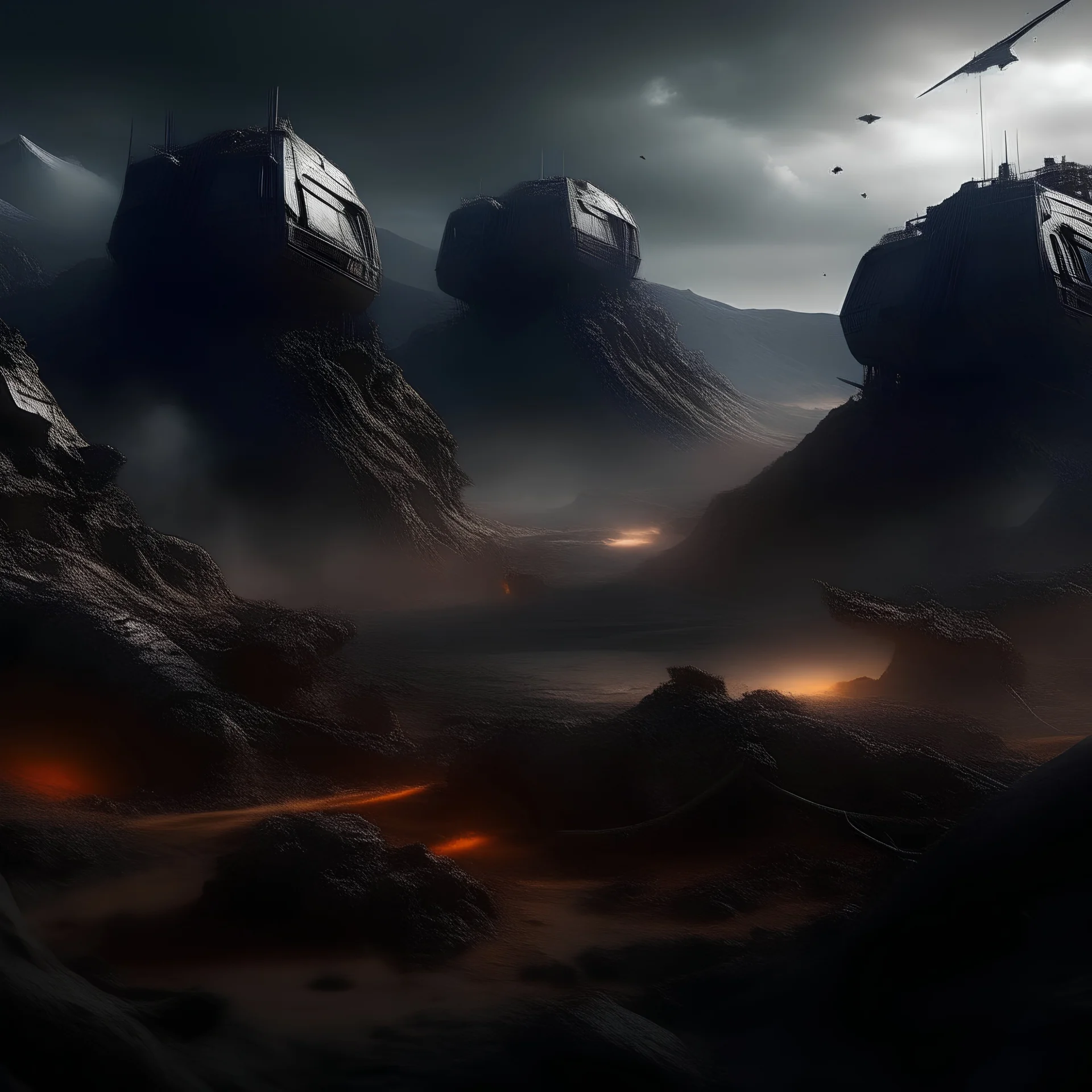 Dark alien landscape being ripped up by terraforming machines.