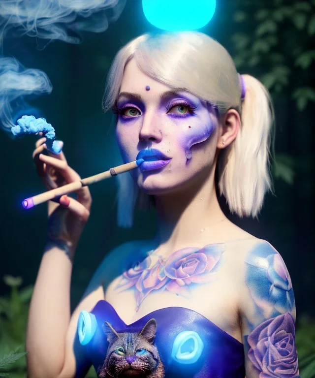 Ultra realistic wonderland photo, happy blonde woman smoking a shisha, blue dress, big purple-cat friend, circus dress style, old school tattoo, smoke, marijuana garden, glow eyes, perfect iris, soft color, highly detailed, unreal engine 5, cinematic, ultra detail, volumetric lighting, high definition.