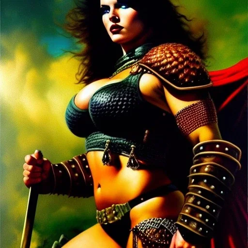 portrait oil on canvas, beautiful punk busty female Barbarian Warrior,green eyes, ,minimal armor,comic book cover, mystical colors,insanely detailed,realistic,intrincate detail, 16k resolution, masterpiece,Frank Frazetta,Alex Horley, Simon Bisley