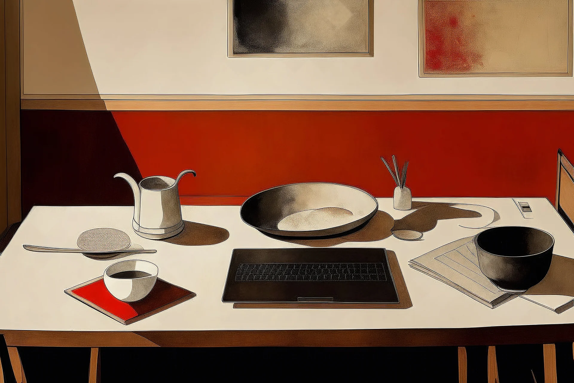 office desk with laptop in the style. Of William Scott artist, mark rothko