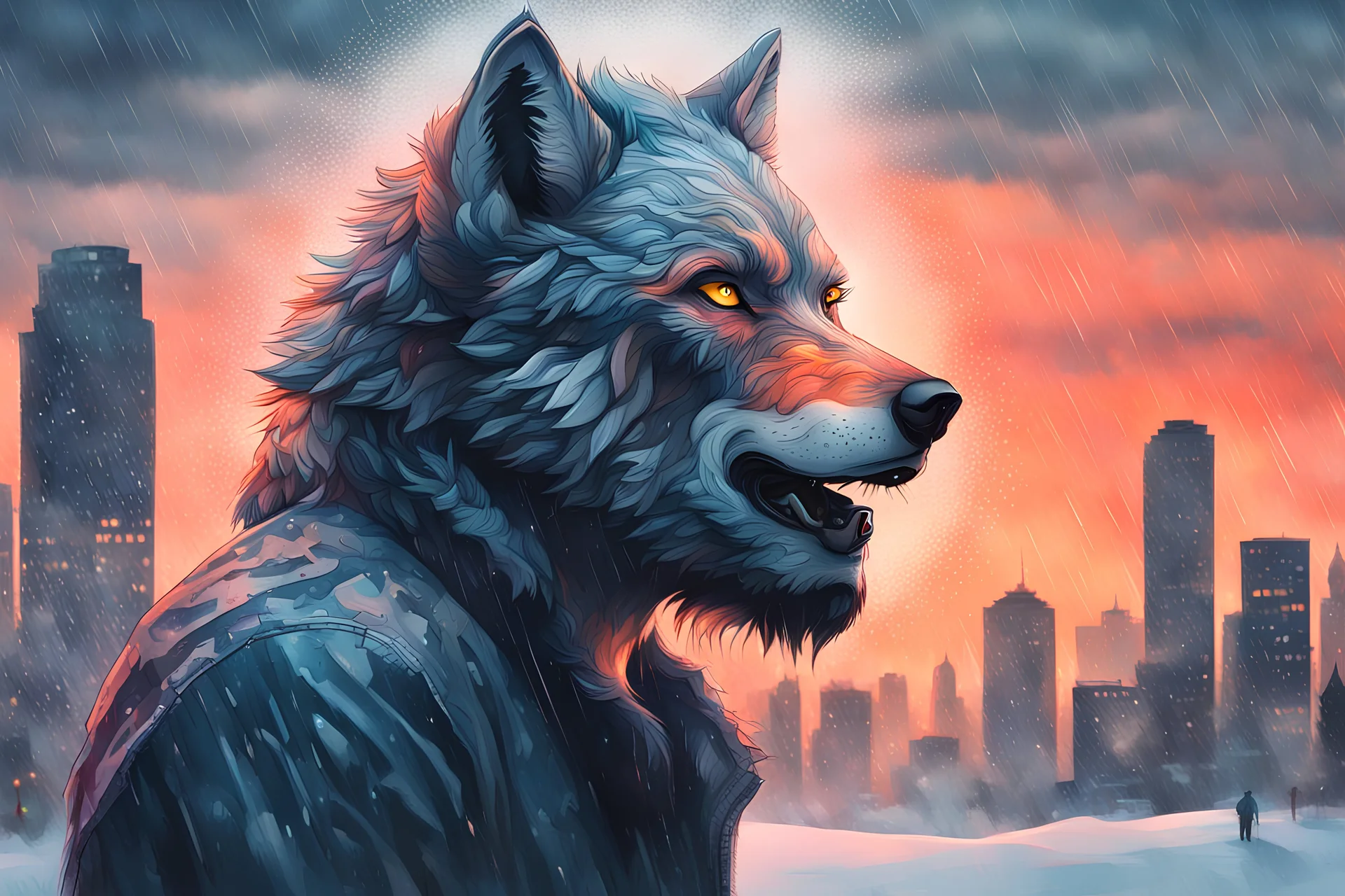 double exposure, Wolf Man, man, city, sunset, gouache, snow, rain, fantasy, mystical, tattoo, vertical pupils, high detail, high resolution, 8K