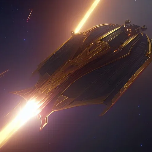 huge ornate spaceship made of brass flying through space, battlestar galactica