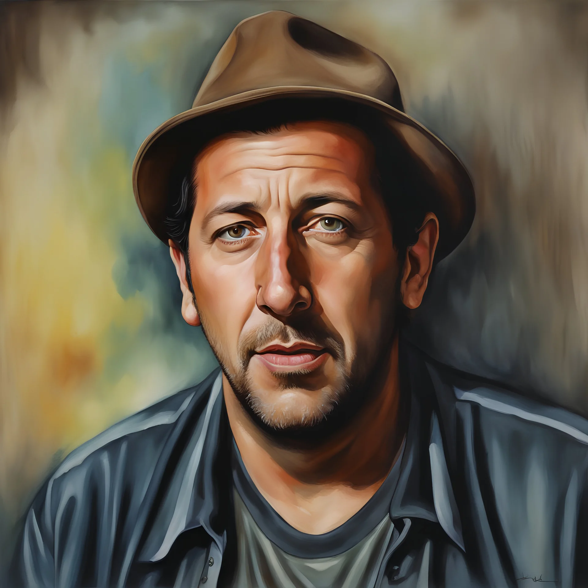 Adam Sandler Facial Portrait, dark, multicolored watercolor stained wall in the background, oil painting in the art style of Boris Vallejo, 32k UHD, Hyper realistic, photorealistic, realistic, sharp, highly detailed, professional quality, beautiful, awesome, majestic, superb, trending on artstation