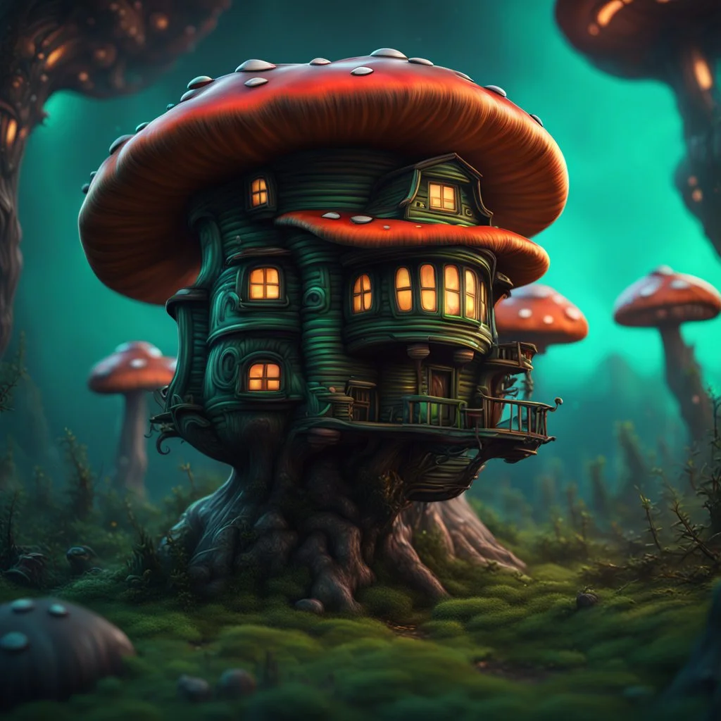 A funny floating mushroom house in space. neutral colors, black green blue, Detailed gloss Painting, rich color, fantastical, intricate detail, splash screen, hyperdetailed, insane depth, concept art, 8k resolution, trending on Artstation, Unreal Engine 5, color depth, dynamic lighting, splash art, dramatic, masterpiece, excellent quality beautiful Imaginative, unique,