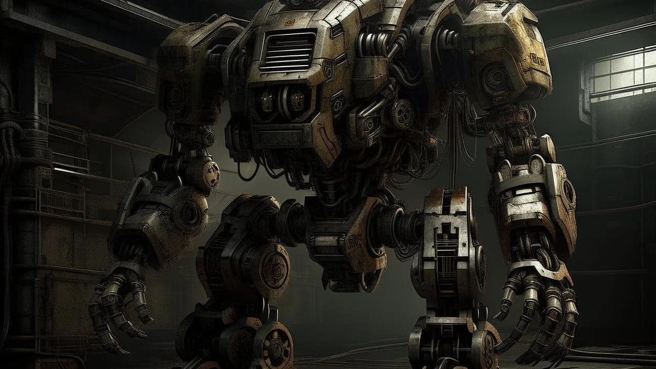 A large, mechanical robotic creature with a menacing appearance. It has a bulky, armored body with various mechanical components. The robot appears to be in a dark, industrial setting, with a textured background.