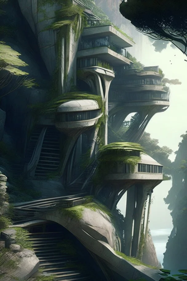 Alien Buildings On A Cliff Side With Trees, Bridges, Stairs, Rampant Foliage, Photorealistic