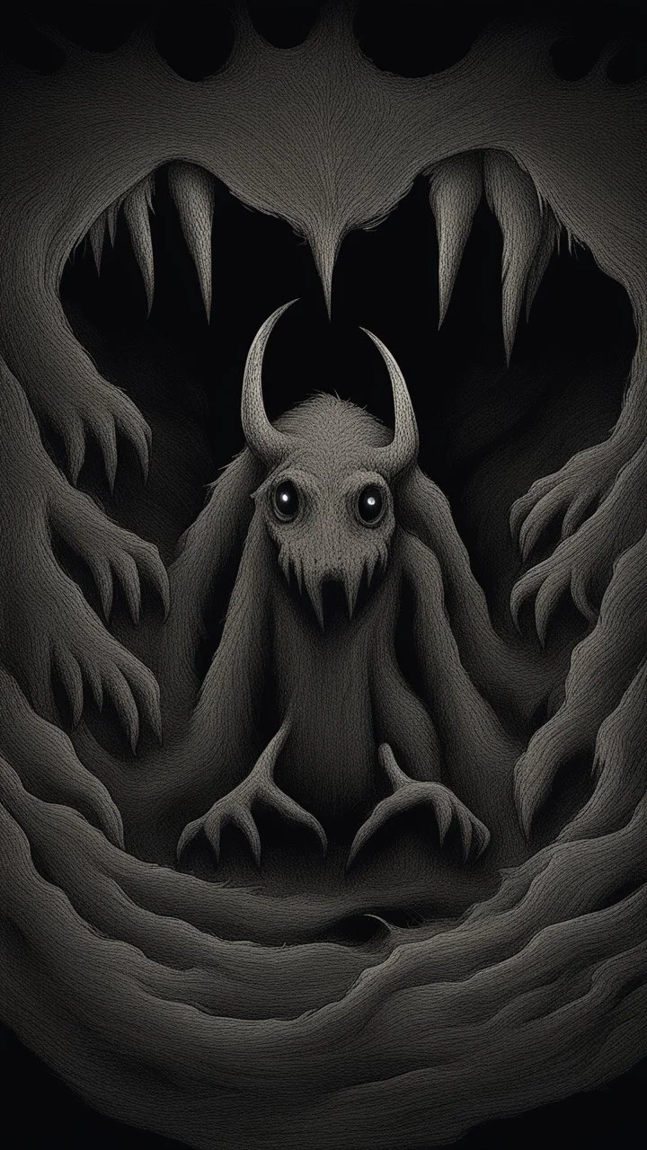 Your phone's background image represents an extremely dark and mysterious scene. The image features a pitch-black background, creating an aura of mystery and intrigue. Deep within the image, a cryptic monster is faintly visible, sporting a sly smile on its face. The monster's features appear enigmatic and profound, capturing the viewer's attention and arousing curiosity. The monster is subtly portrayed in the image, making it seem like a part of another mysterious world. The dark colors and dee