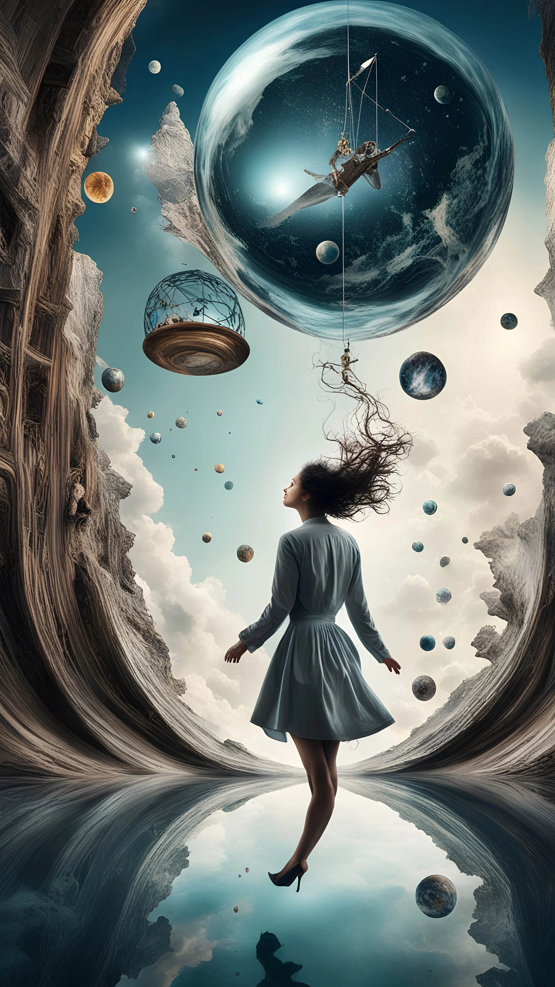 an image where the laws of physics are inverted, with objects defying gravity and reality bending. Depict a woman navigating this surreal environment with a sense of wonder and curiosity