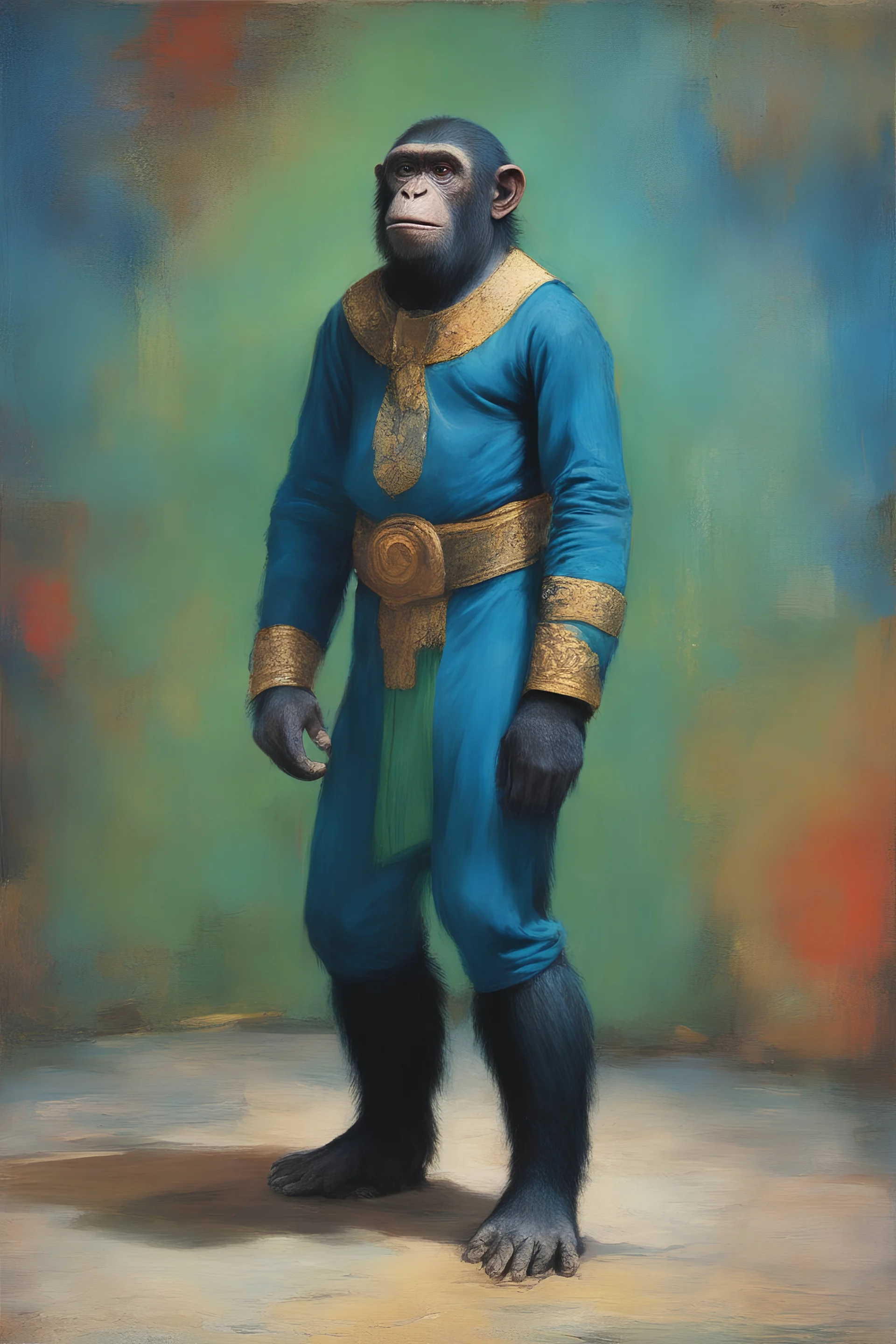 The great Caeser, the chimpanzee KING of the apes from Planet of the Apes wearing royal, kingly garb, a well-pressed and clean blue-green tunic and trousers - extremely colorful, multicolored paint splattered wall in the background, oil painting by Leonardo da Vinci