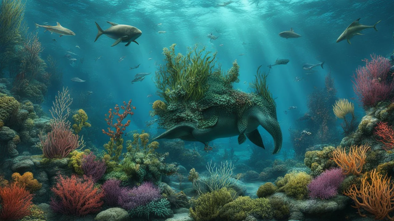 hyperrealistic 4k, sea from the movie aquaman, a lot of plants, and creature, sea animal, underwater