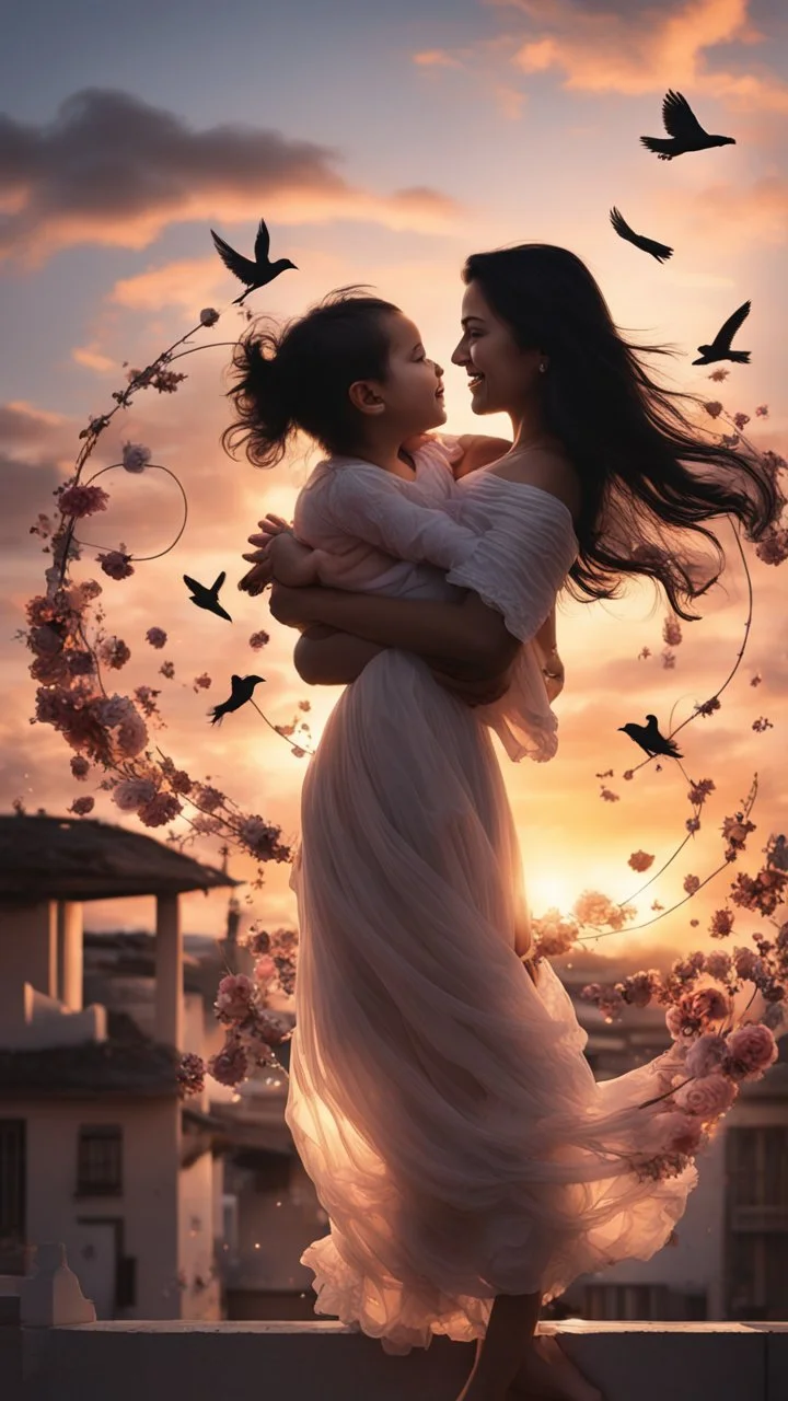 Hyper Realistic Photographic-Silhouette view of a beautiful mother with long-black-hair-whirling, carrying & happily-playing with her smiling-baby in her hands on a rooftop decorated with flower-arches, garland-lights-&-petals-whirling with cloudy-sunset-behind & silhouette-of-birds-flying showing dramatic & cinematic ambiance.