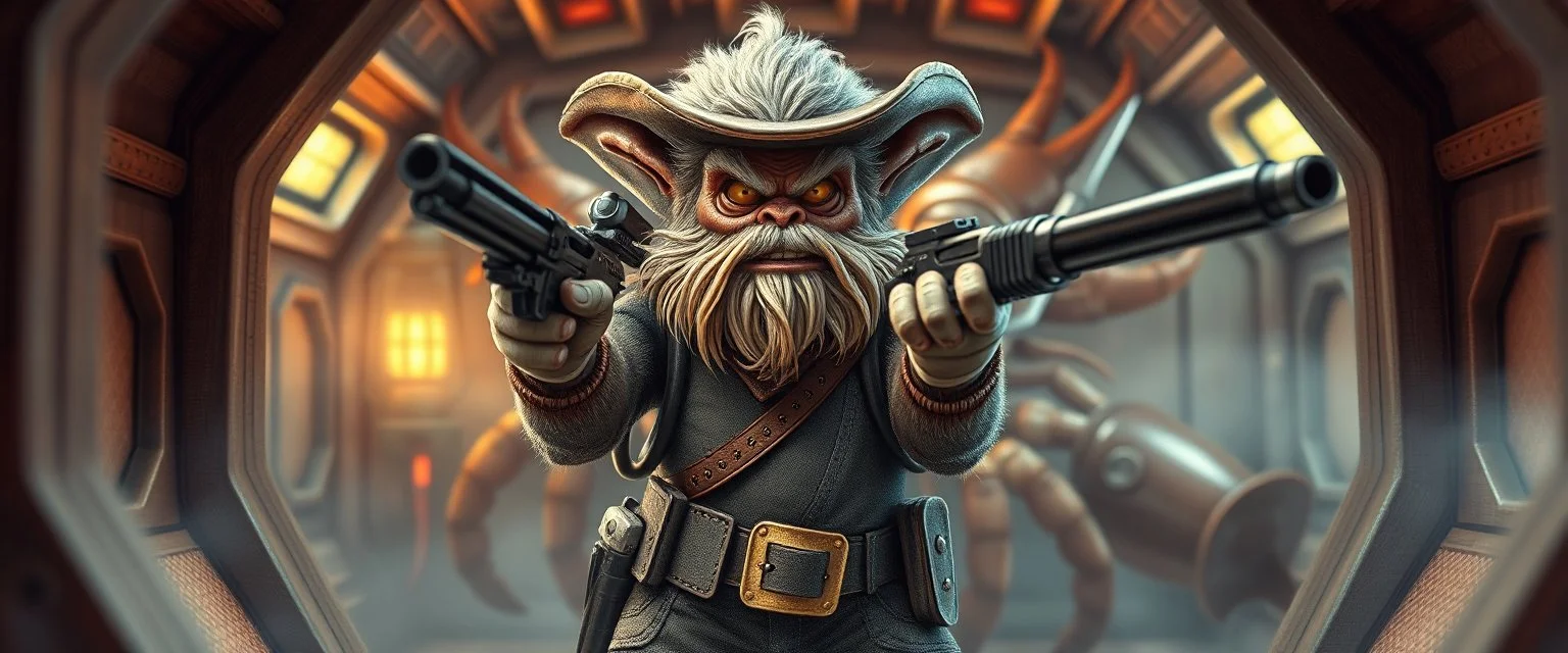 air brush 3d with pen outline,spaghetti boss gunslinger with ammo belts, western fluffy elder goblin troll edgy hero with slightly glowing eyes in front of glistening space lobster dog, shallow depth of field, warm lantern, pin hole cam in doll house space ship, bottom floor board edge border
