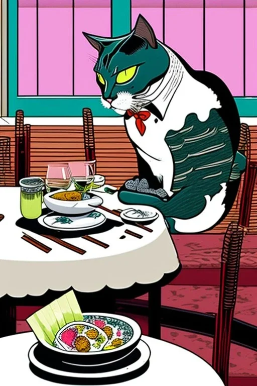 Cat, sitting at a table, eating sushi,perfect iris, ink and pencil, style Tintin