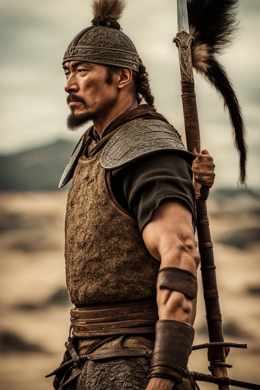 Close-up of a warrior the 1200s and a Mongol warriors portrait , strong athletic build cinematographic photo