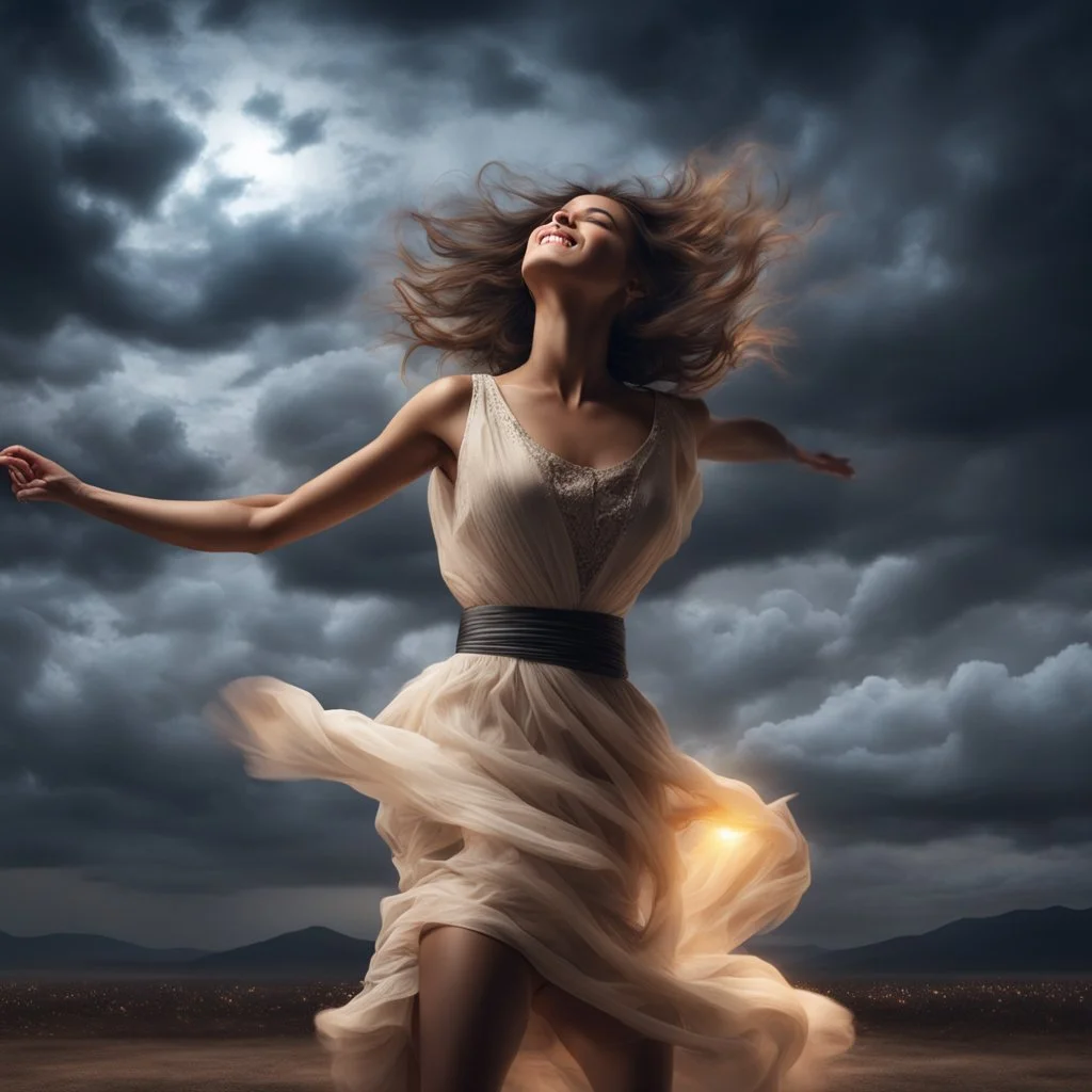 Hyper Realistic happy young-Pushto-woman dancing with cloudy sky & dramatic ambiance at night