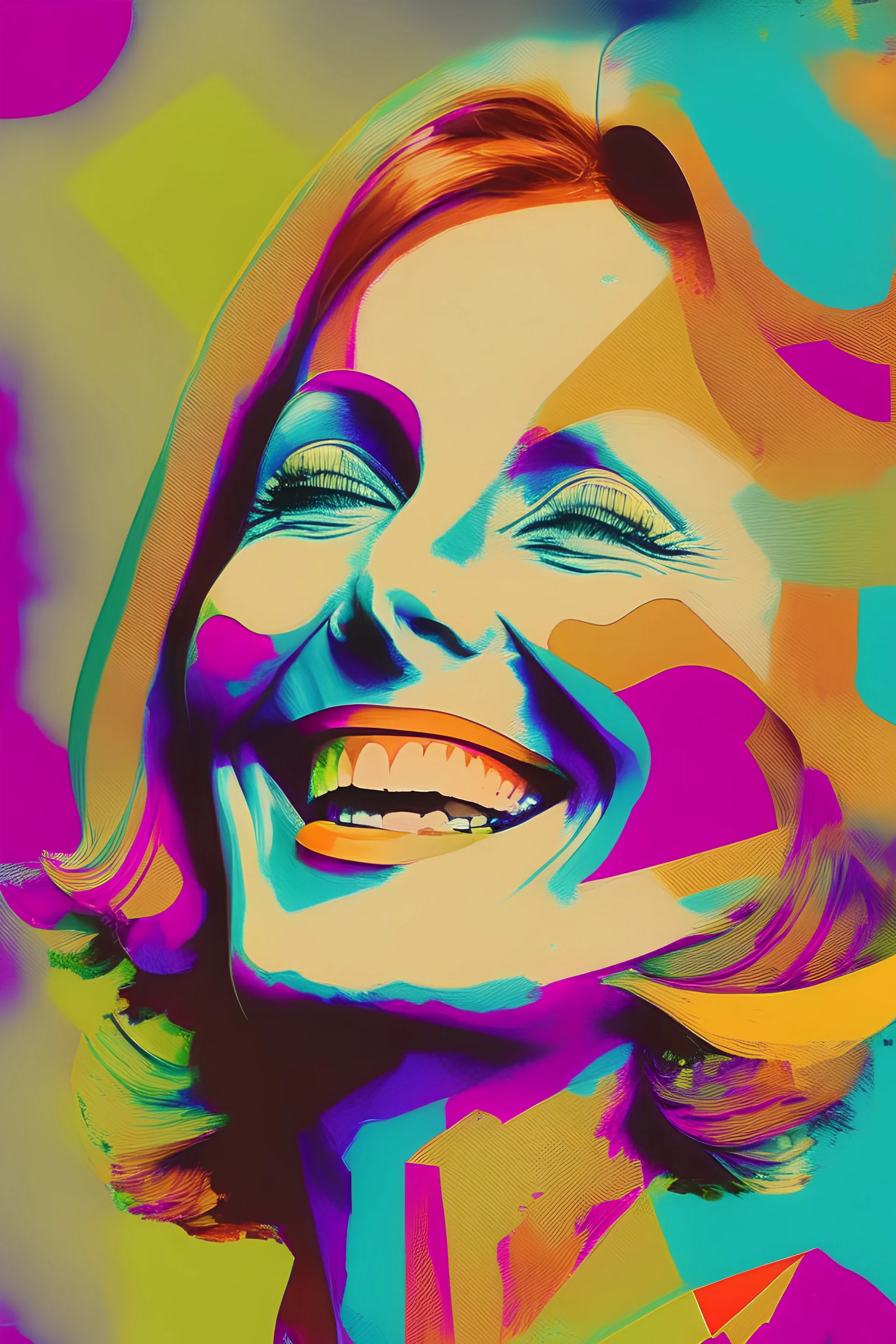 Greta Garbo in colourful art, smiling. abstract