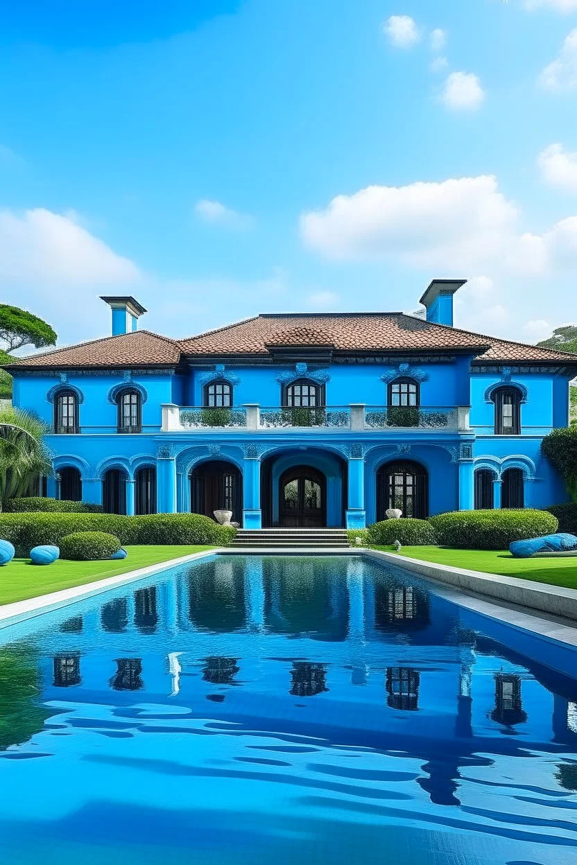 blue mansion with a huge infinity pool and garden