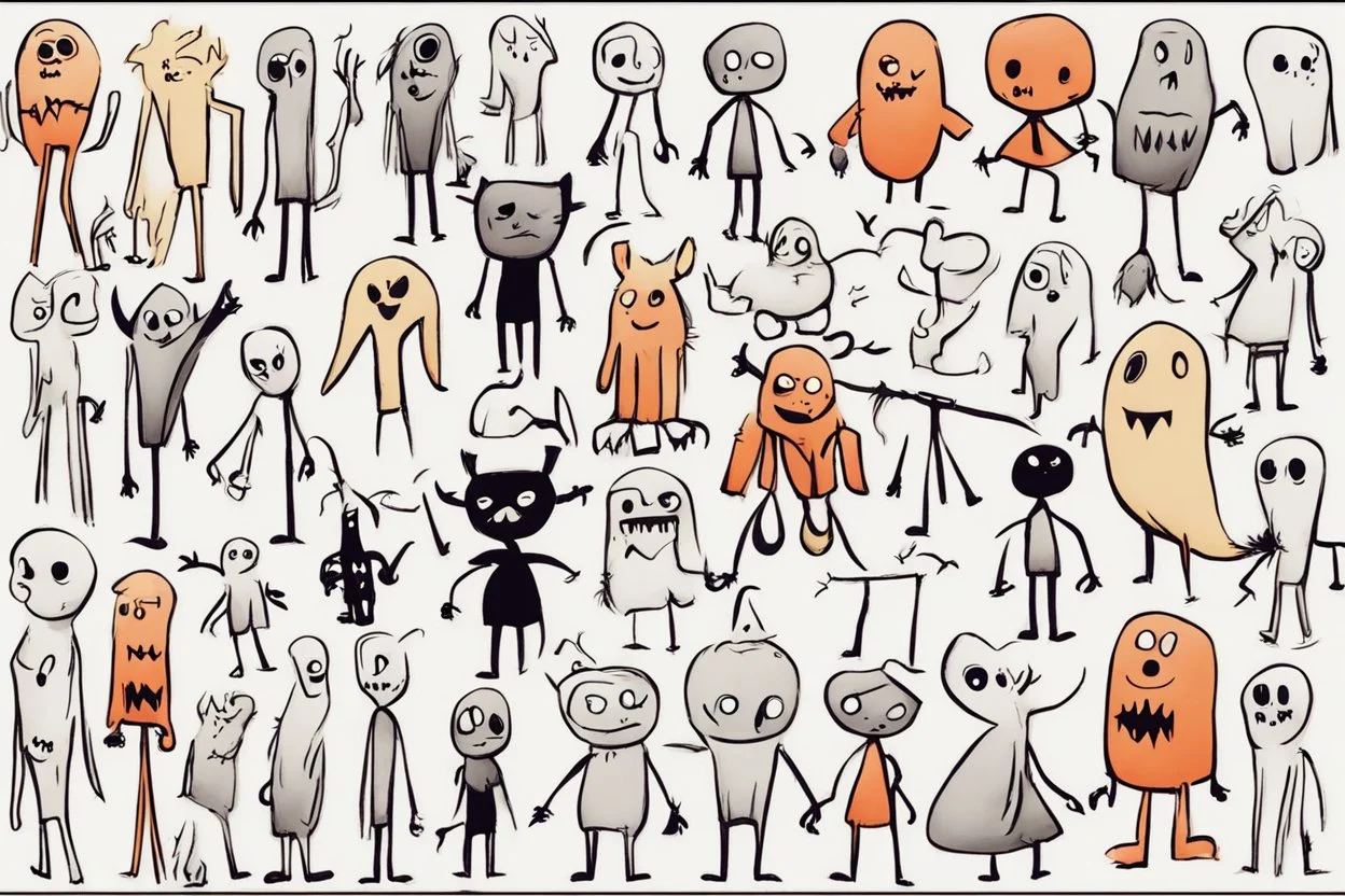 make a bunch of simple hand-drawn spooky and cute cartoon characters with bodies arms, and legs I could draw and make them all different