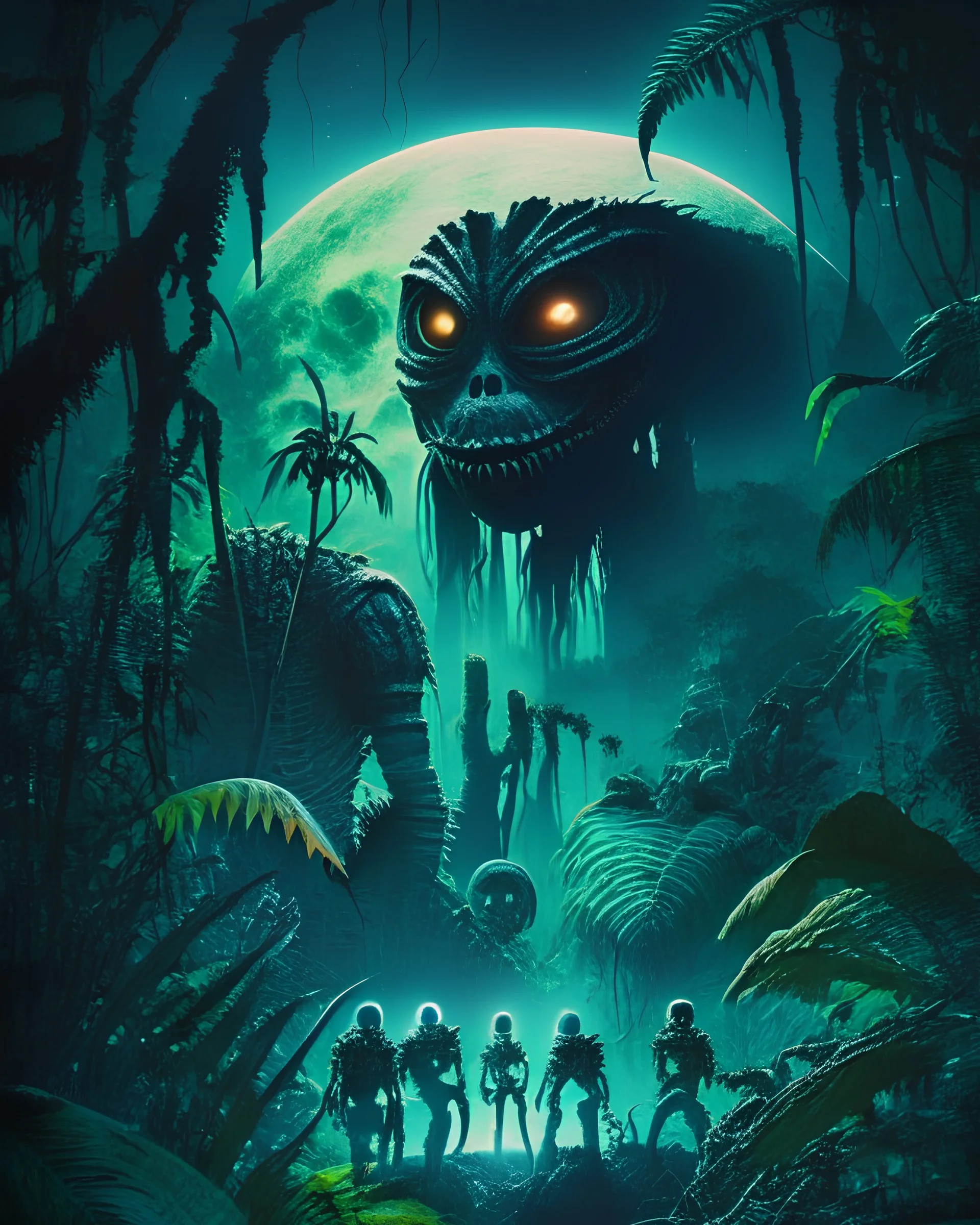 humans aliens monsters in the jungle and a scary moon