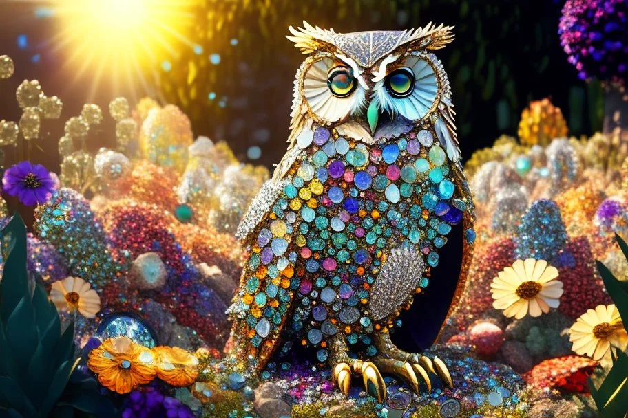 Owl made of gemstones and jewels in a flowergarden in sunshine