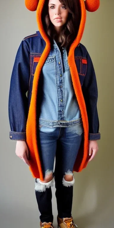 Brunette woman.thick thighs,thick calves,normal bodytype. big head. Mantle is sewed of upcycled Denim and sewed together of camouflage pieces. Colors are orange,red, cream and purple and various denim colors. It is with big bright purple felt tippet and cream-colored-hood. mantle is merged with satchel, ochre. AKG-style headphones (gold rings!) is merged with small felt cap with visor. Style: Haute Couture in 1950's, N.Y.C fashion in 2024, inspired by street art. Cream latex gaiter. Tennis shoes