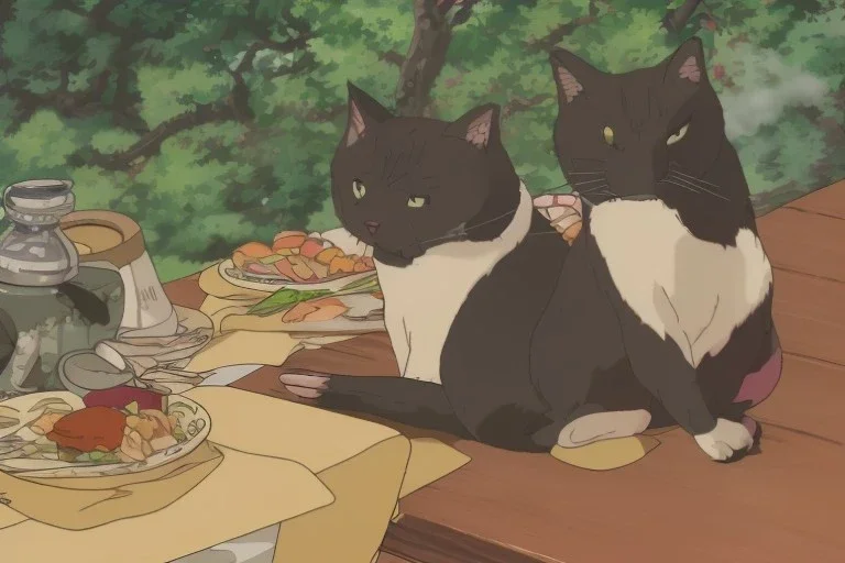 Two cats Siting at a table. Eating Sushi