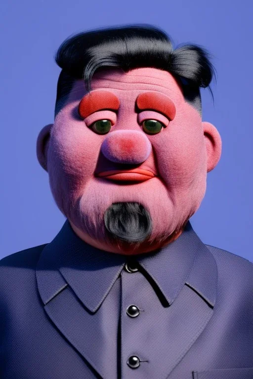 Waist up muppet Portrait, Kim Jong-un as muppet doll, black suit, photo studio, blue background, unreal engine 5, concept art, art station, god lights, ray tracing, RTX, lumen lighting, ultra detail, volumetric lighting, 3d.