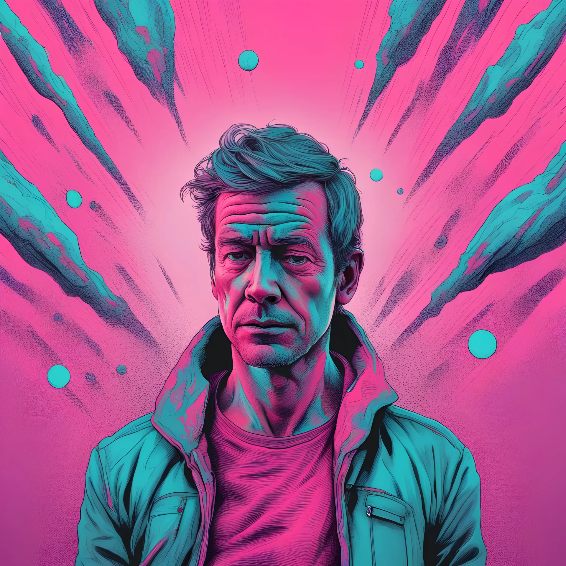 portrait of man in deep thought, ideation on cosmological evidence for the heat death of the universe, dramatic colors pink and cyan