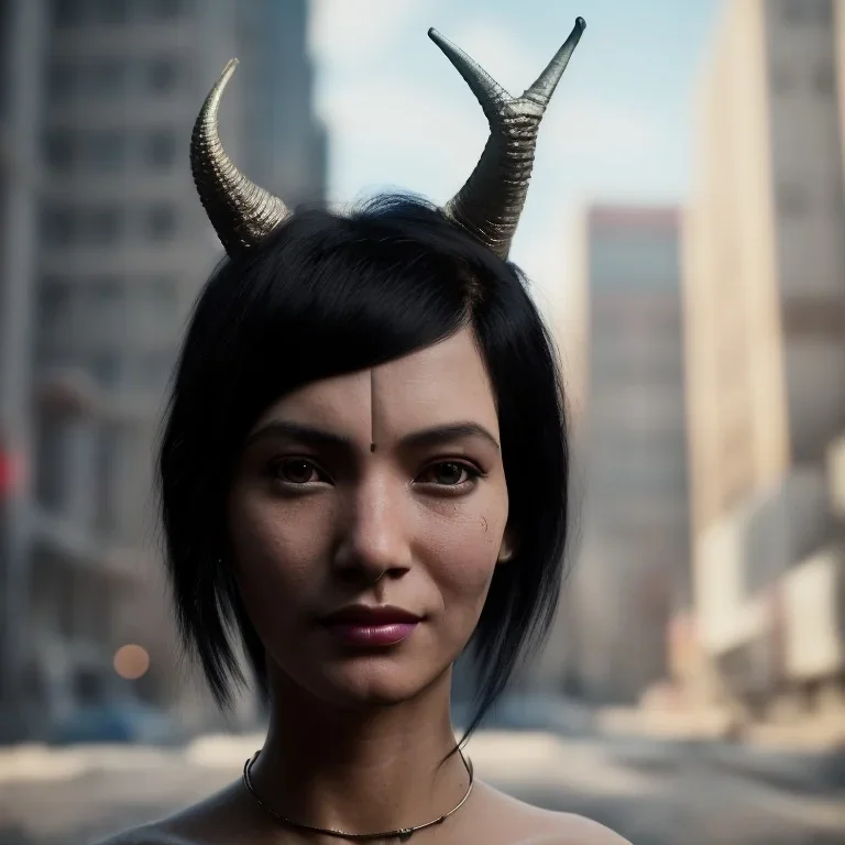 A medium-close-up shot of a black-haired tribal woman with horns standing on a sidewalk in a cyberpunk city. The woman only has one head, but also a gentle smile.