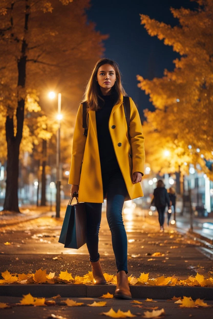 night yellow lights over the street trees autumn leaves under feet ,a Student adult girl with books in her hand walking in street looking to camera a boy walks after she few meters away her back