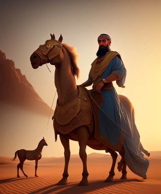 An ancient Arab poet next to a mare in the desert in front of a tent , full body, cinematic, 8k, resolution concept art portrait by Greg Rutkowski, Artgerm, WLOP, Alphonse Mucha dynamic lighting hyperdetailed intricately detailed