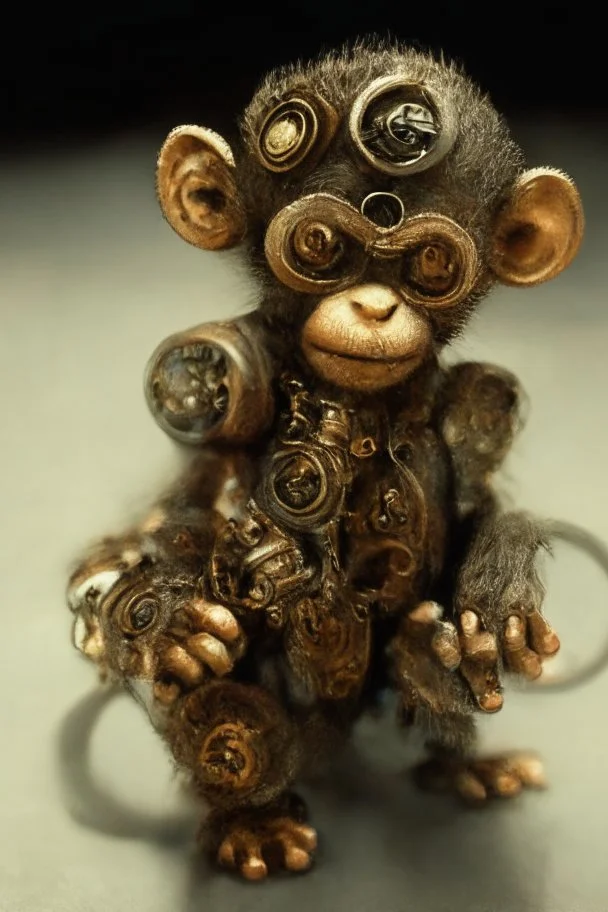 small cute steampunk mechanical monkey, made of metal