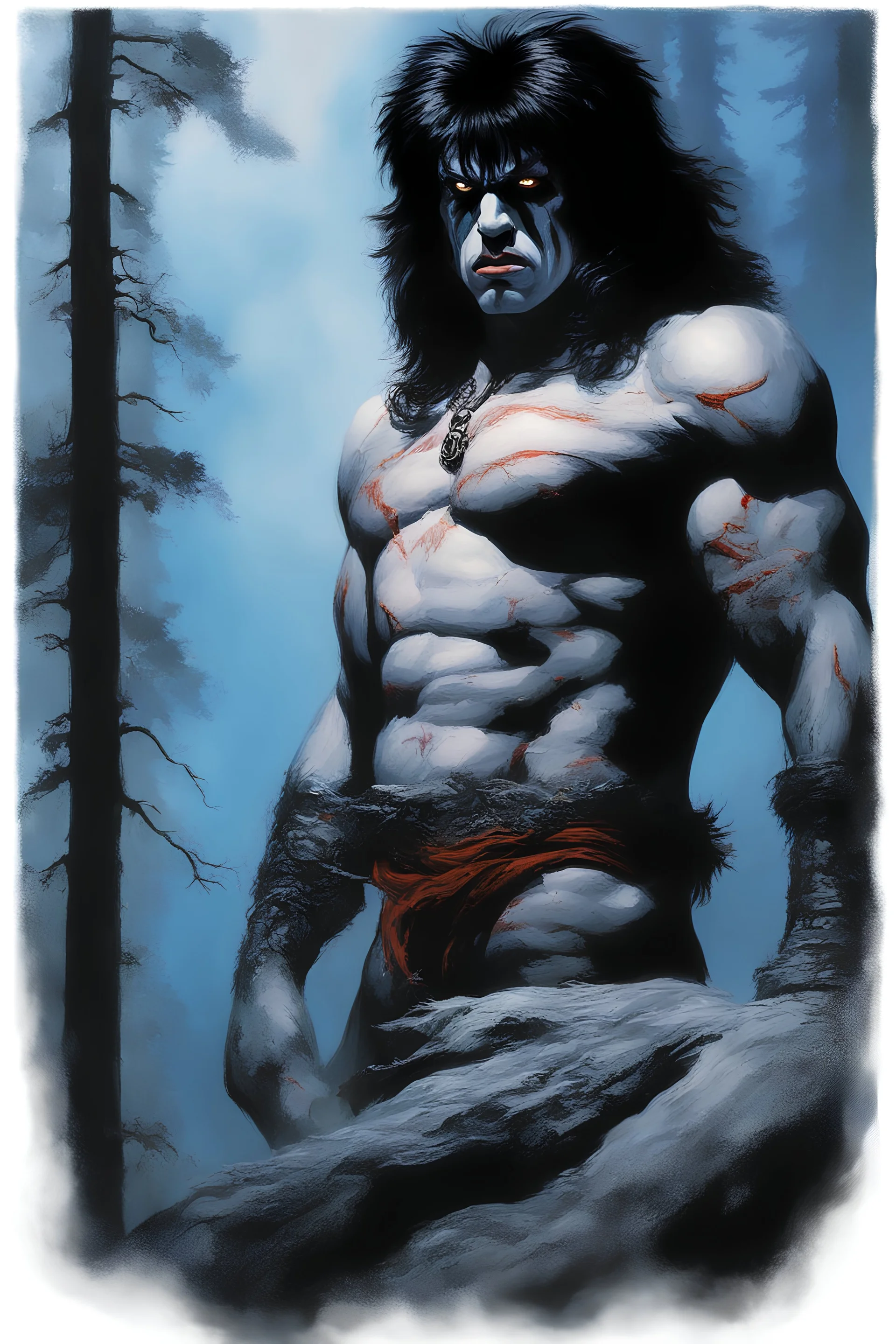 "Double Exposure" {{{{paul stanley full color oil painting art by Alex Ross, fog and clouds rising in the foreground}}}}. {{{{A giant werewolf roaming the woods at night, oil painting art by frank frazetta}}}}