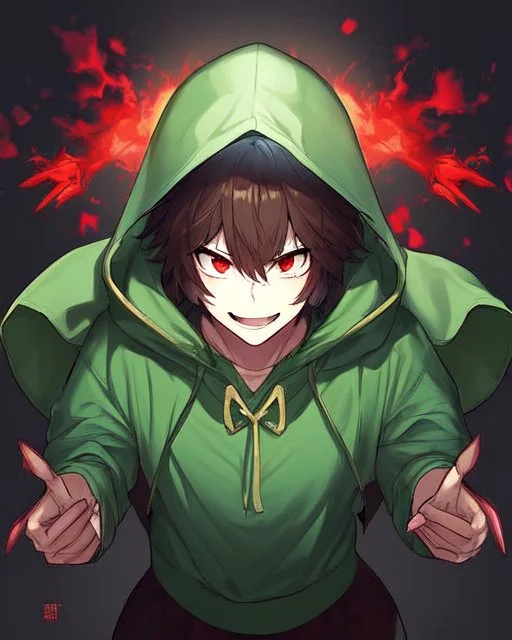 Short brown hair, red eyes who wears a green blouse open with its hood, holds a bright red knife, Smile insanely and very angry, Aspect that shows that the character is a villain, Aspect that shows that the character is a villain, dark background Very dark, and HQ Manga style He is a man but resembles a woman, show only 1 character.